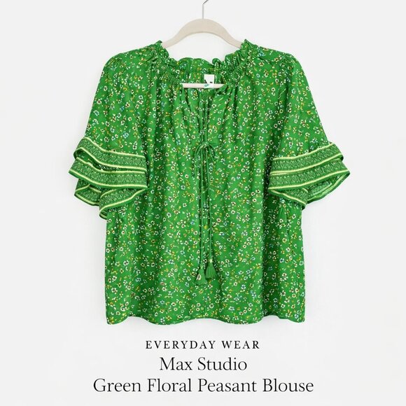 Max Studio Tops - Max Studio Green Floral Peasant Blouse Ruffle Sleeve Tassel Tie Boho Top 1X